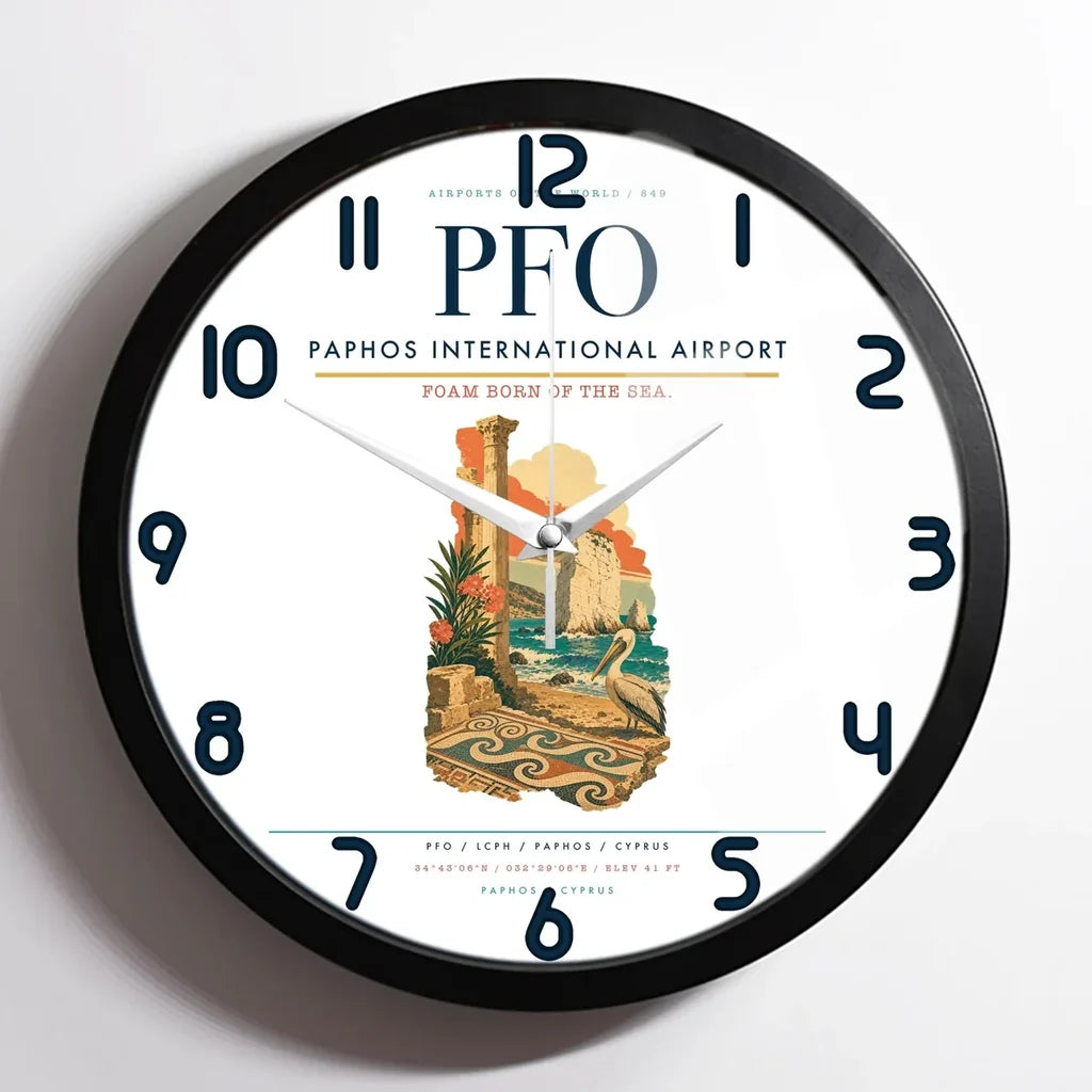 Paphos International Airport (PFO) design on white framed wall clock
