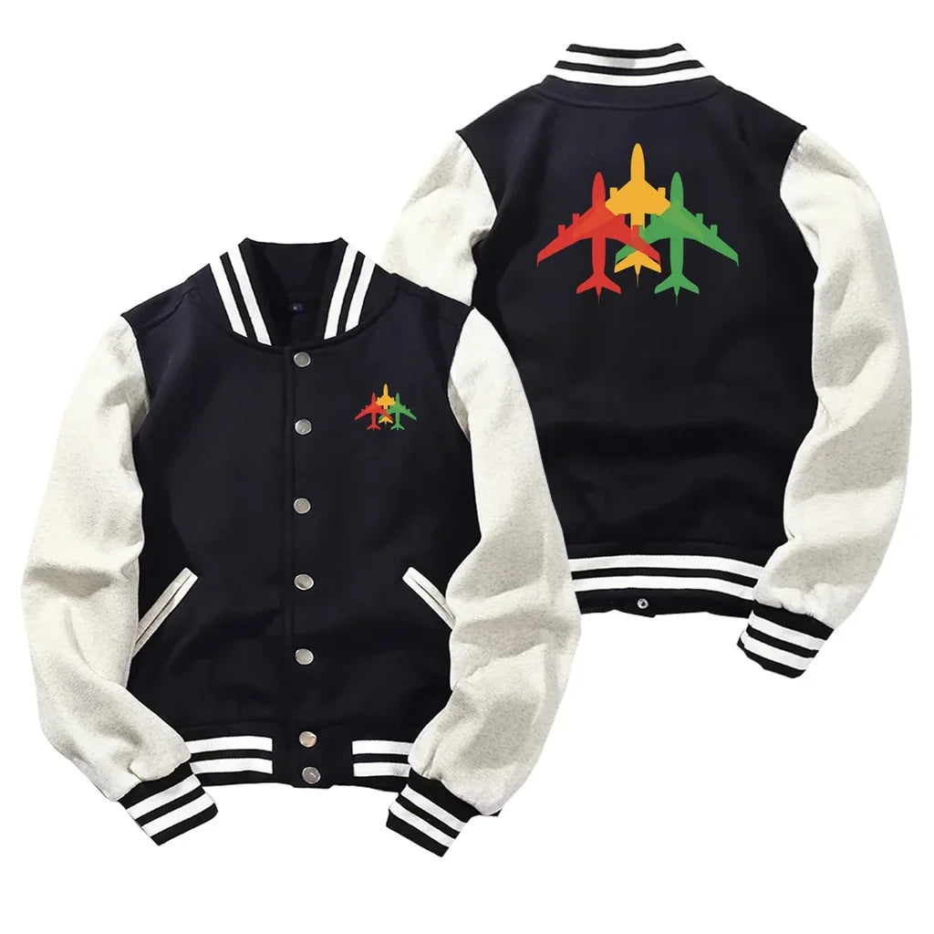 Colourful 3 Airplanes Baseball Style aviation design printed on two-tone shell with ribbed cuffs baseball jacket.