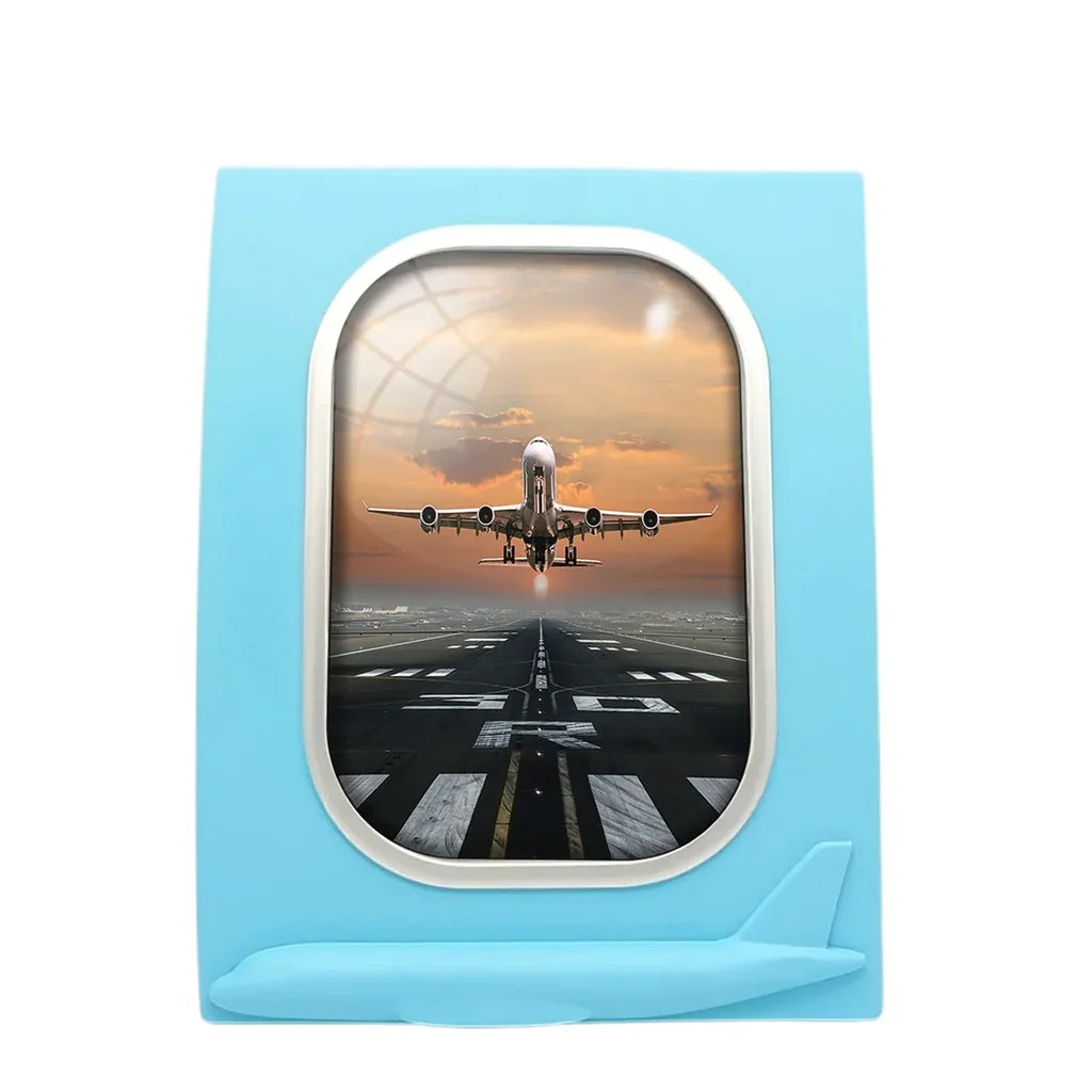Aircraft Departing from RW30 aviation design on durable resin with glass face airplane window photo frame.