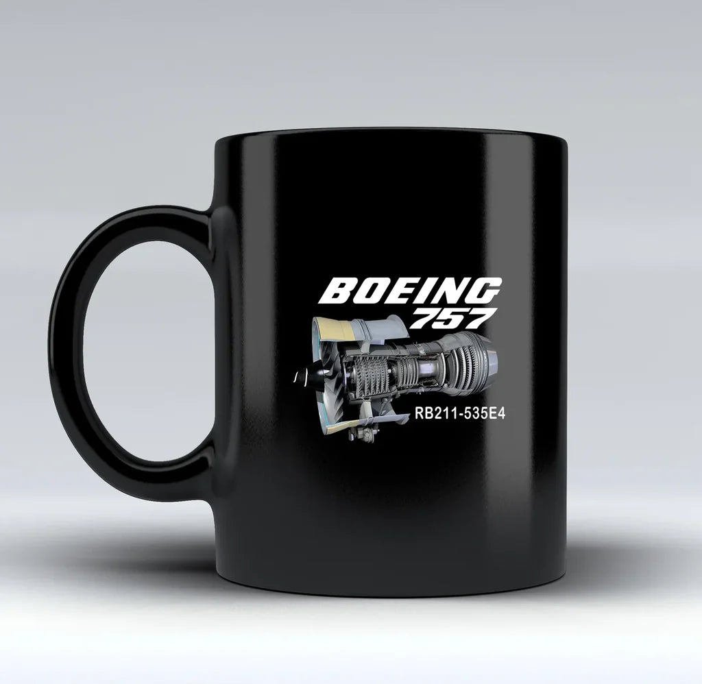 Boeing 757 & Rolls Royce Engine (RB211) aviation design on black mug, matte black ceramic finish.