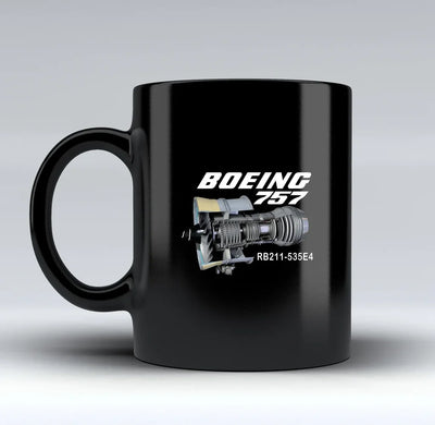 Boeing 757 & Rolls Royce Engine (RB211) aviation design on black mug, matte black ceramic finish.