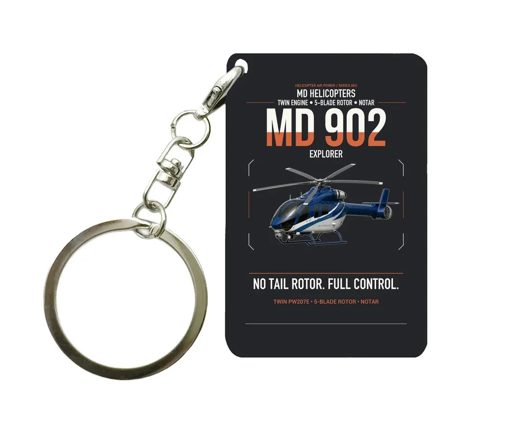 MD Helicopters MD 902 Explorer design on black designed key chain, double-side print