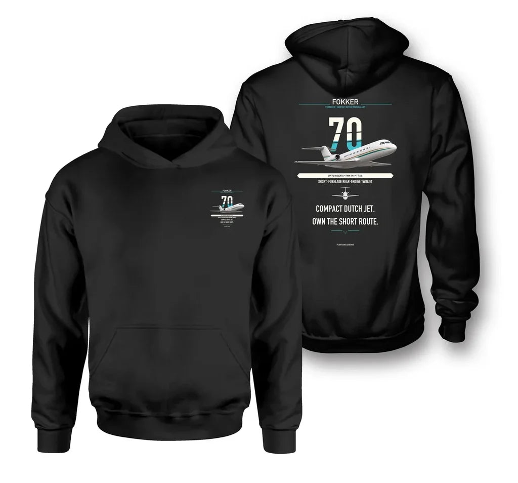 Fokker 70 design on black double-side hoodie, double-side print