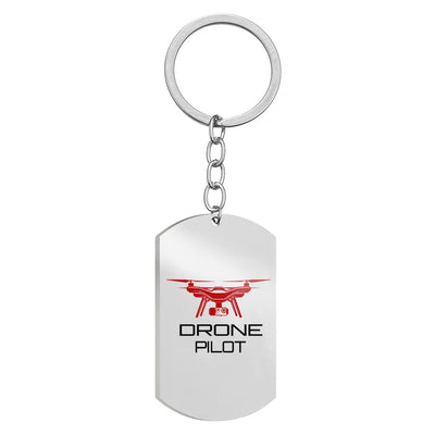 Side view of Drone Pilot Stainless Steel Key Chains (Double Side) aviation double-side stainless steel key chain in stainless.