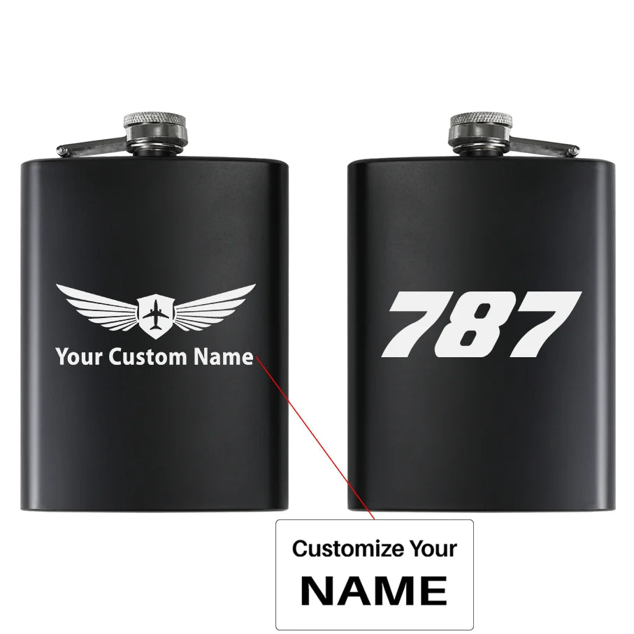 Boeing 787 Flat Text aviation design on stainless hip flask, compact pocket-size flask.