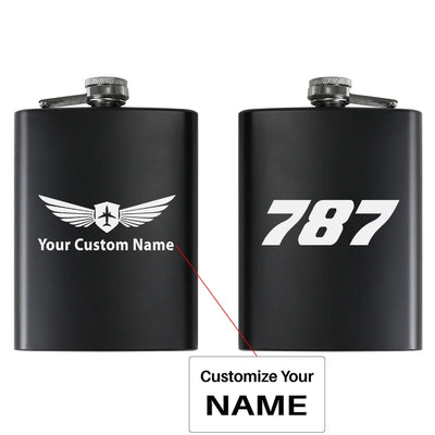 Boeing 787 Flat Text aviation design on stainless hip flask, compact pocket-size flask.