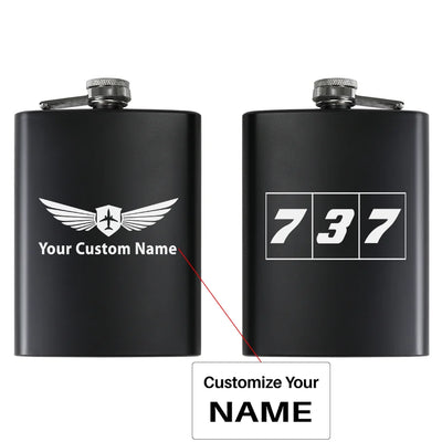 Flat Colourful 737 aviation design on stainless hip flask, compact pocket-size flask.