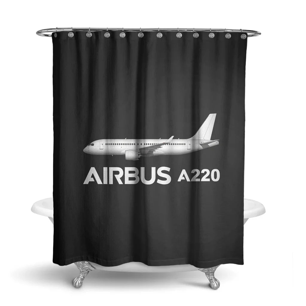 The Airbus A220 aviation design on waterproof polyester shower curtain.