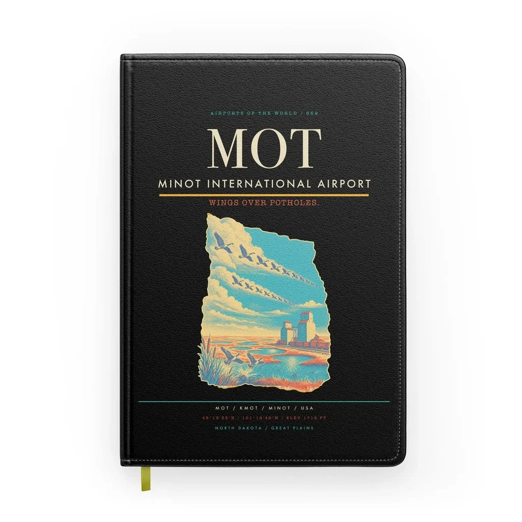 Minot International Airport (MOT) design on black notebook