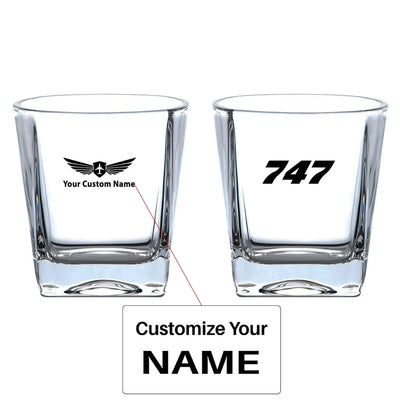 Boeing 747 Flat Text aviation design on whiskey glass, crystal-clear premium glassware.