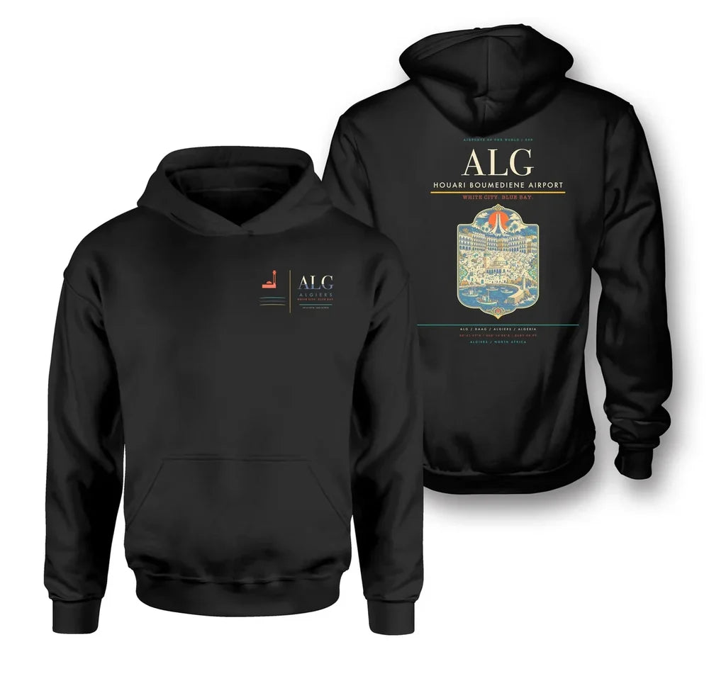 Houari Boumediene Airport (ALG) design on black double-side hoodie