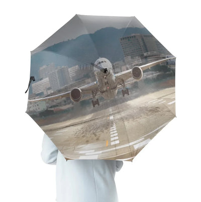 Departing Boeing 787 Dreamliner aviation design on windproof polyester umbrella.