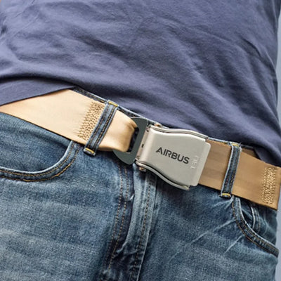 Airbus & Text aviation seat-belt buckle accessory, real seat-belt webbing.