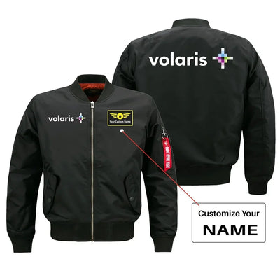 Volaris aviation design with custom name embroidered on black bomber jacket