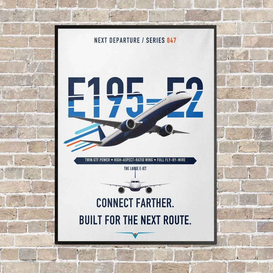 Embraer E195-E2 vertical canvas print - framed - white background