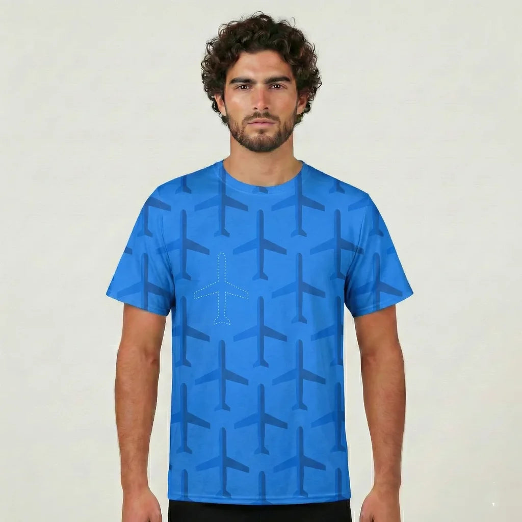 Blue Seamless Airplanes aviation design printed on soft cotton 3D-print T-shirt.