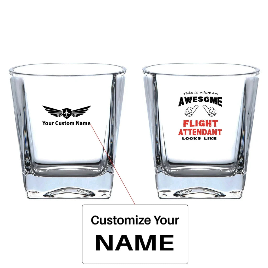 Flight Attendant aviation design on whiskey glass, crystal-clear premium glassware.