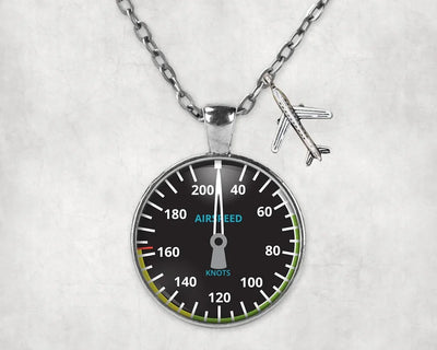 Side view of Airspeed aviation necklace in stainless steel, polished finish.