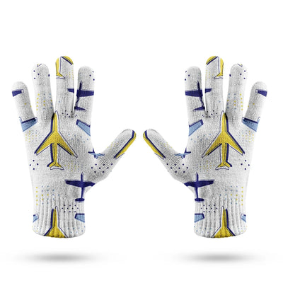 Very Colourful Airplanes aviation design on soft knit fabric gloves.