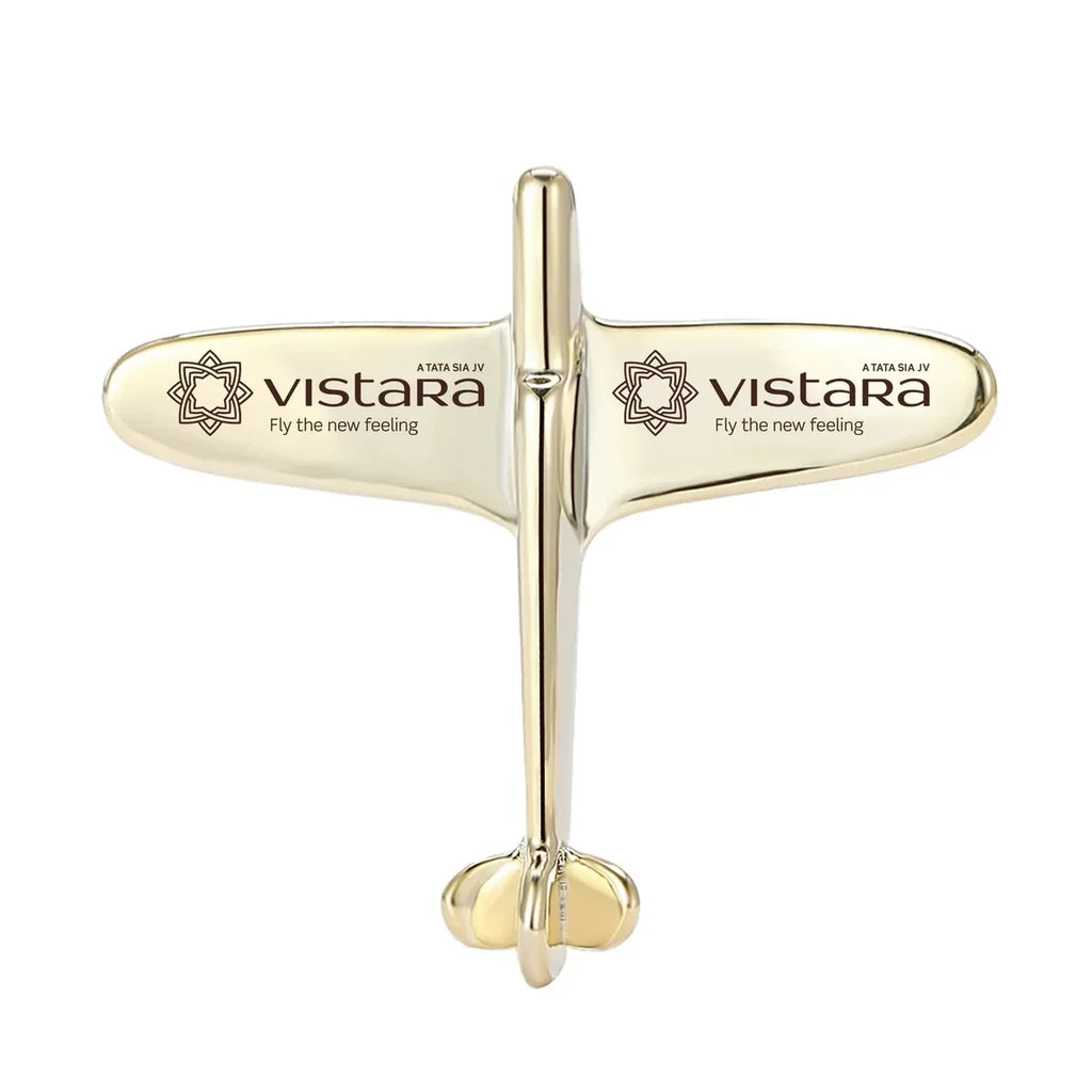 Side view of Vistara Airlines Airplane Shape aviation airplane-shape brooch in polished alloy, polished finish.