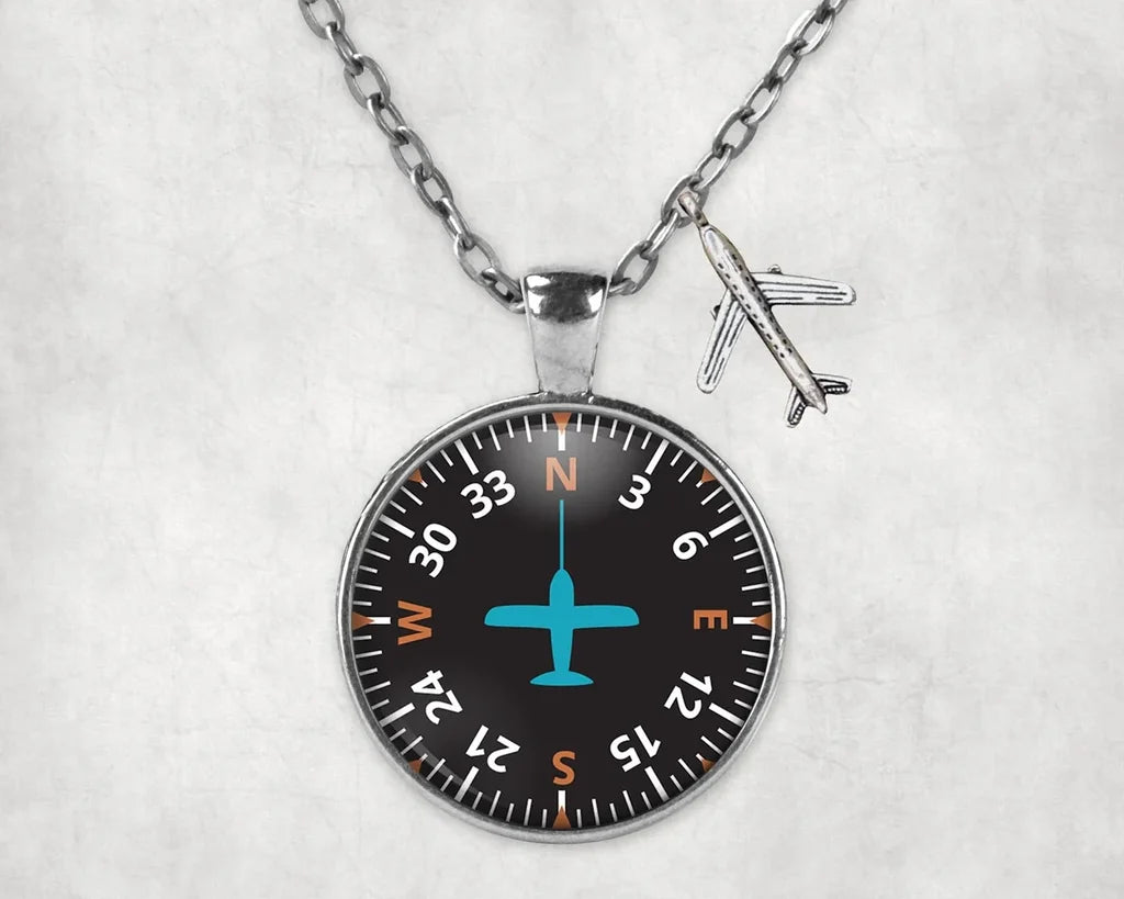 Heading aviation necklace, stainless steel body with engraved detail.