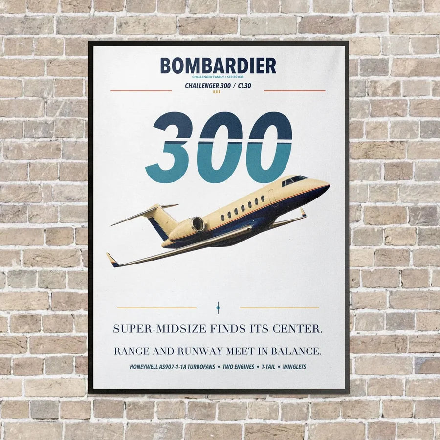 Bombardier Challenger 300 vertical canvas print - framed - white background