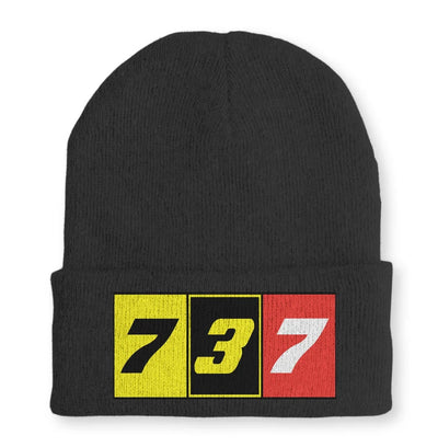 Flat Colourful 737 Embroidered aviation embroidery on soft knit fabric beanie.