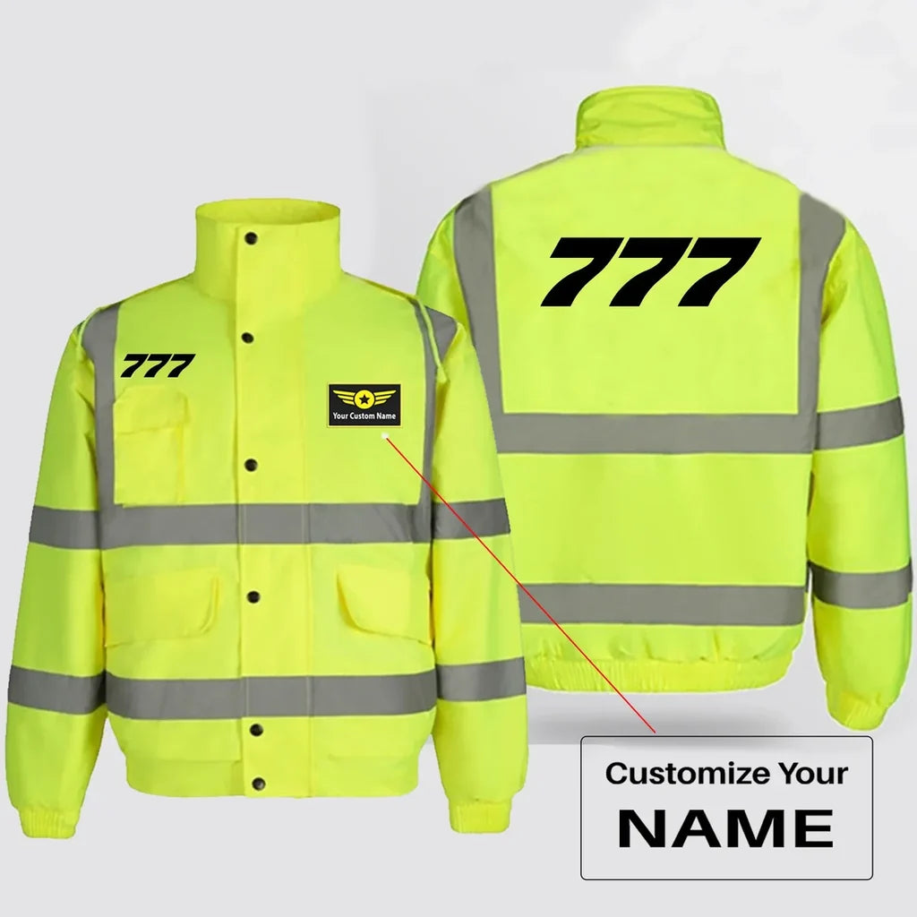 Boeing 777 Flat Text aviation design printed on insulated shell with high-visibility reflective panels reflective winter jacket.