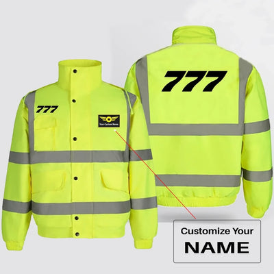 Boeing 777 Flat Text aviation design printed on insulated shell with high-visibility reflective panels reflective winter jacket.