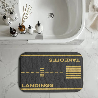 Takeoff & Landings aviation print bath mat, soft absorbent fabric with non-slip backing.