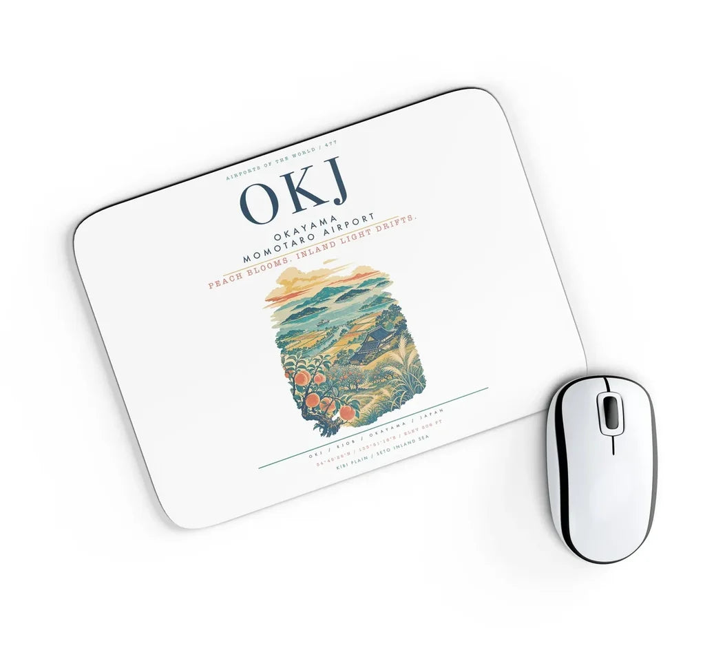 Okayama Momotaro Airport (OKJ) design on white rectangle mouse pad
