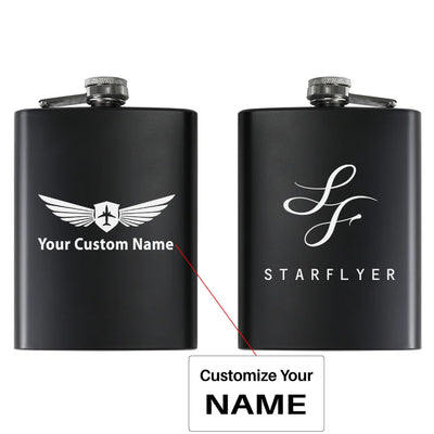 StarFlyer Airlines aviation design on stainless hip flask, compact pocket-size flask.