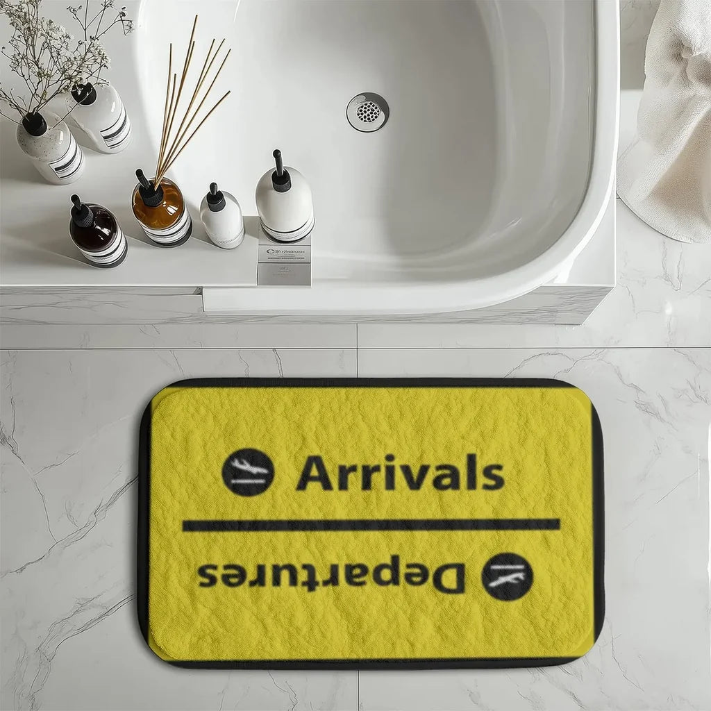 Arrival and Departures 4 (Yellow) aviation print bath mat, soft absorbent fabric with non-slip backing.