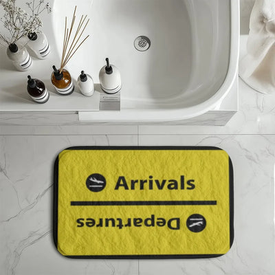 Arrival and Departures 4 (Yellow) aviation print bath mat, soft absorbent fabric with non-slip backing.