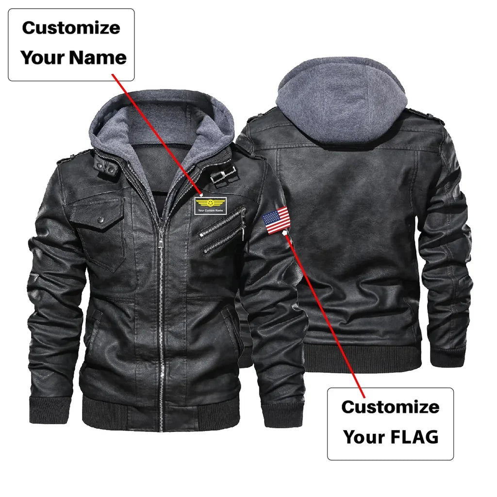 Custom Flag & Name with "Badge 1" aviation design printed on genuine leather with detachable hood hooded leather jacket.