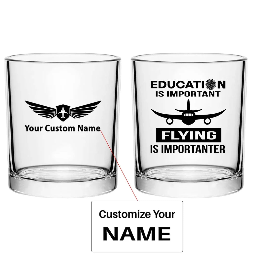 Flying is Importanter aviation design on whiskey glass, special-edition crystal cut.