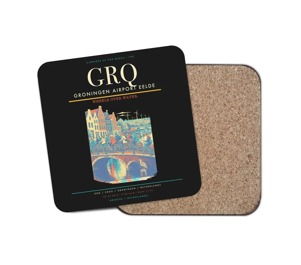 Groningen Airport Eelde (GRQ) design on black 1 piece coaster