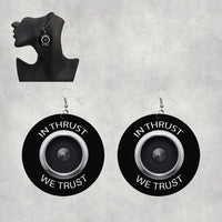 Thumbnail for In Thrust We Trust aviation drop earrings, wood with metal hooks body with engraved detail.