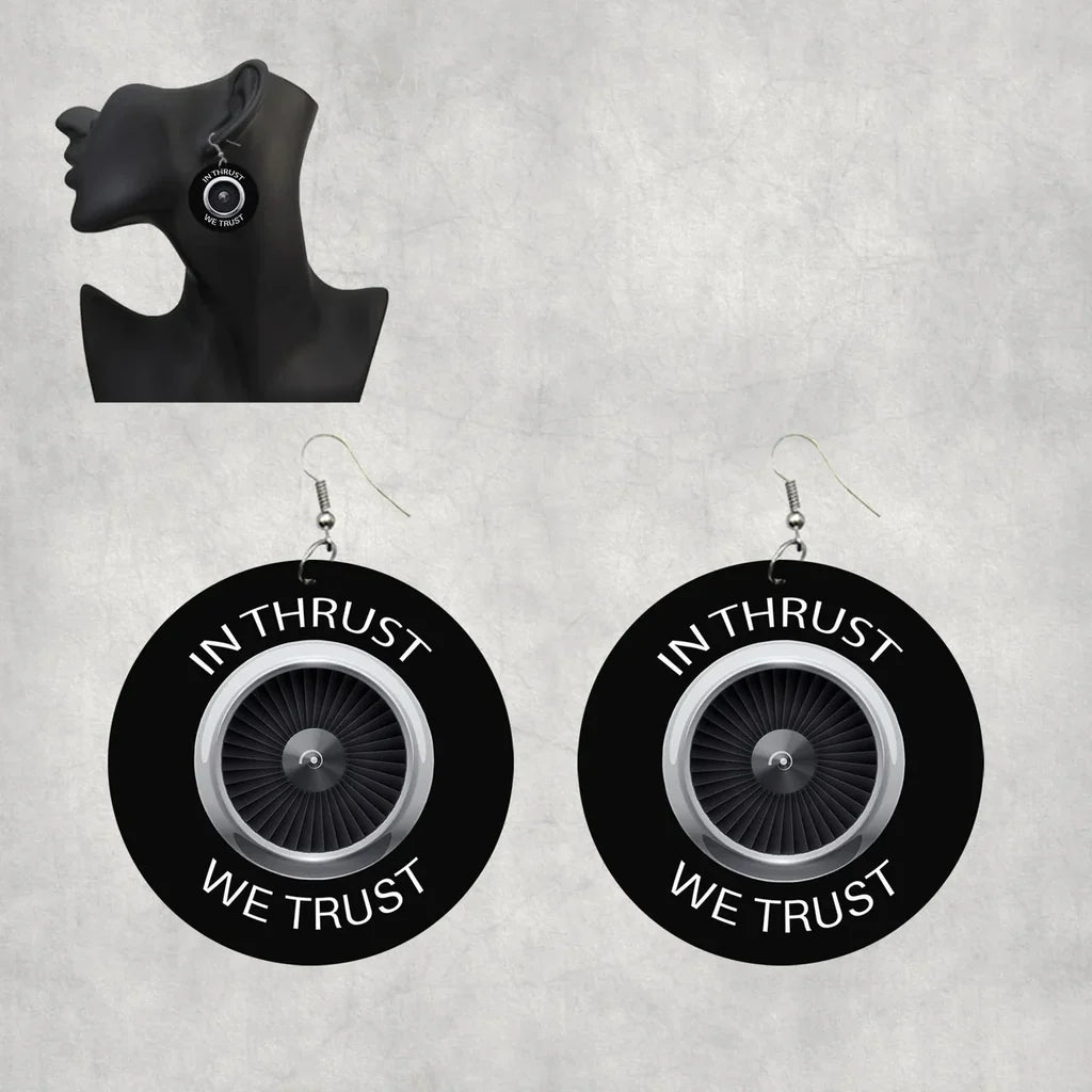 In Thrust We Trust aviation drop earrings, wood with metal hooks body with engraved detail.