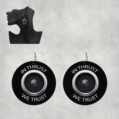 In Thrust We Trust aviation drop earrings, wood with metal hooks body with engraved detail.