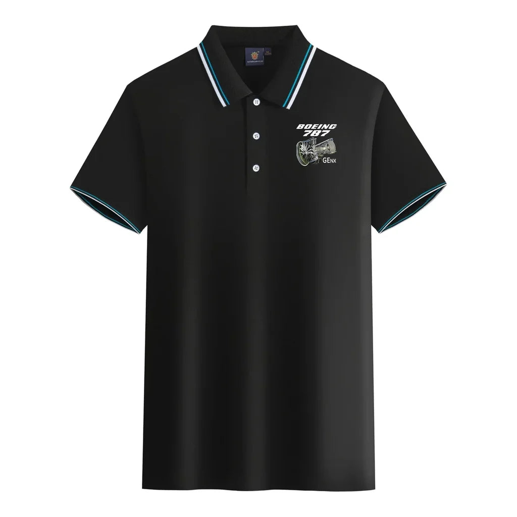 Boeing 787 & GENX Engine aviation design printed on soft cotton stylish polo shirt.
