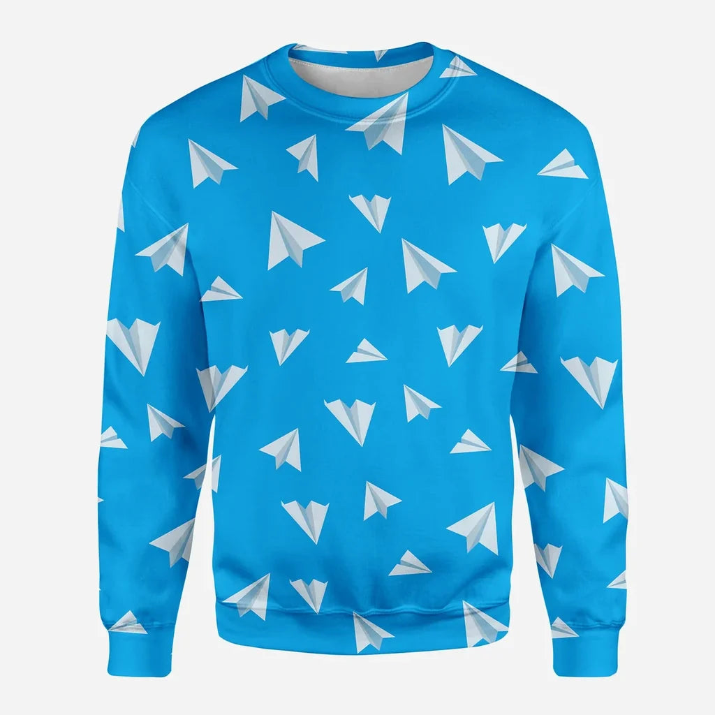 Paper Airplanes (Blue) aviation design printed on soft cotton blend 3D sweatshirt.