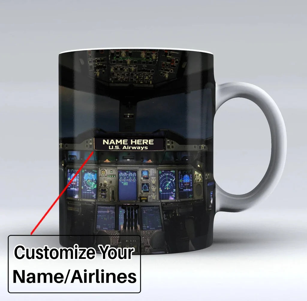 Airbus A380 Cockpit Printed Text aviation design on ceramic mug, premium ceramic with glazed finish.