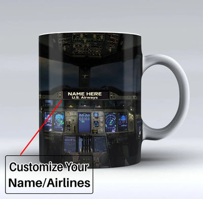 Airbus A380 Cockpit Printed Text aviation design on ceramic mug, premium ceramic with glazed finish.