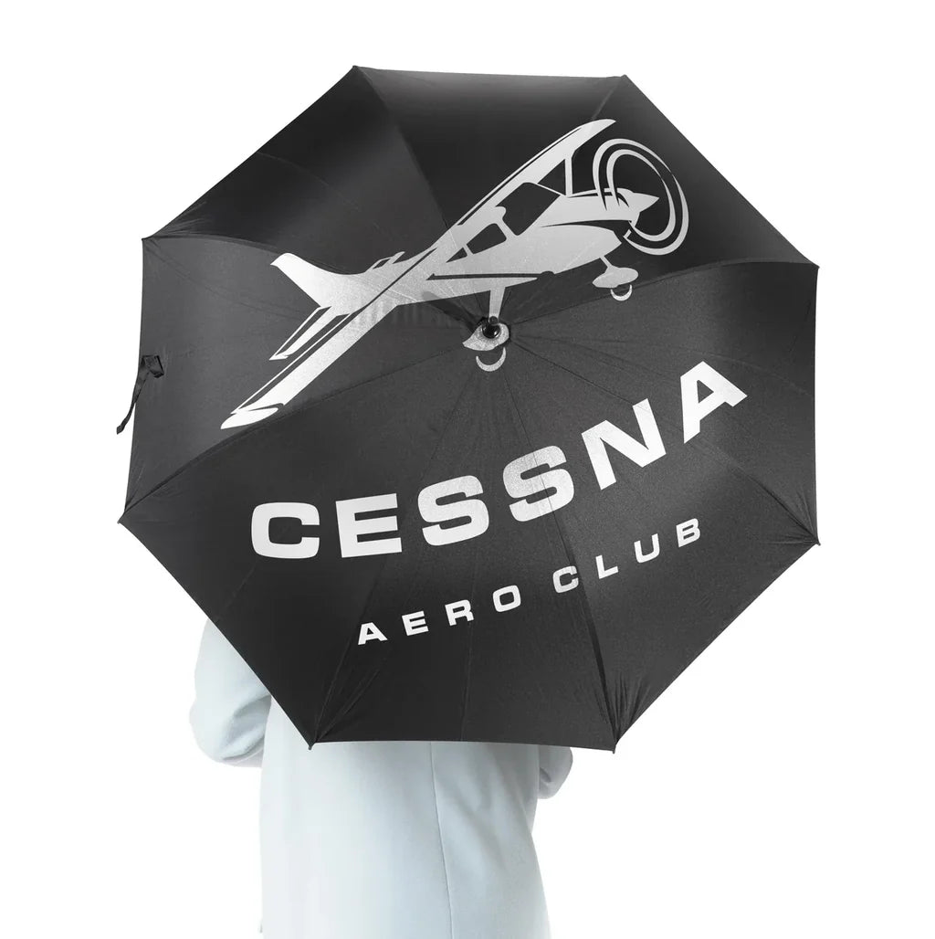 Cessna Aeroclub aviation design on windproof polyester umbrella.