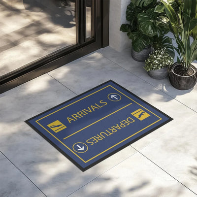 Arrival & Departures 7 aviation print door mat, durable fibre with non-slip backing.