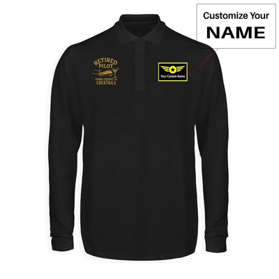 Retired Pilot & Coctails aviation design printed on soft cotton long-sleeve polo shirt.