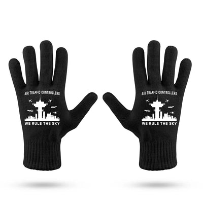Air Traffic Controllers - We Rule The Sky aviation design on soft knit fabric gloves.