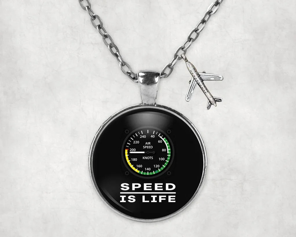 Speed Is Life aviation-themed necklace, polished stainless steel.