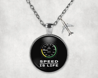 Speed Is Life aviation-themed necklace, polished stainless steel.